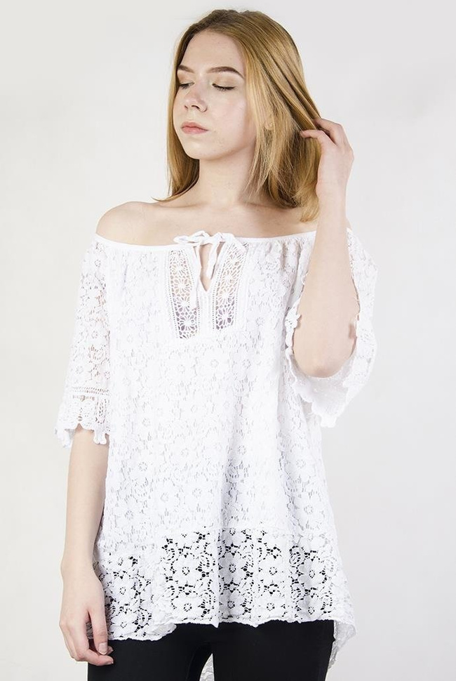 Biała bluzka ażurowa, z hiszpańskim dekoltem