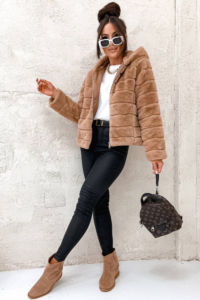 BRĄZOWA FUTRZANA KURTKA Z KAPTUREM