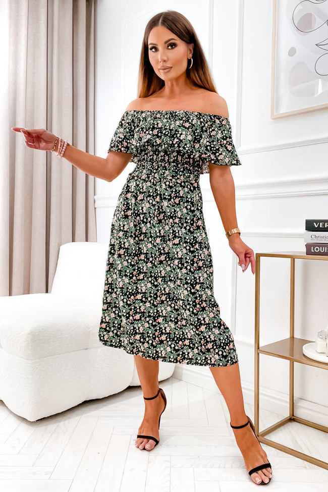 SUKIENKA MIDI W KWIATY HISZPANKA- CZARNA