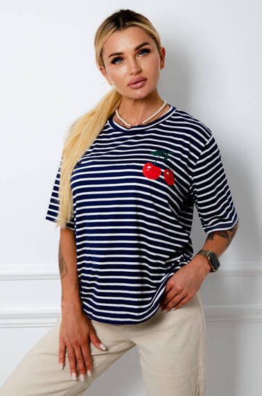 T-SHIRT W PASKI Z OZDOBNĄ APLIKACJĄ- GRANATOWY