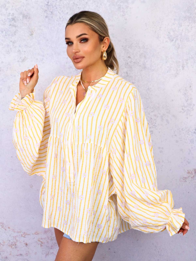 BLUZKA KOSZULOWA OVERSIZE W PASKI I KWIATY- POMARAŃCZOWA