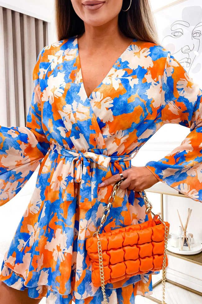 WZORZYSTA SUKIENKA Z WIĄZANIEM- POMARAŃCZOWA