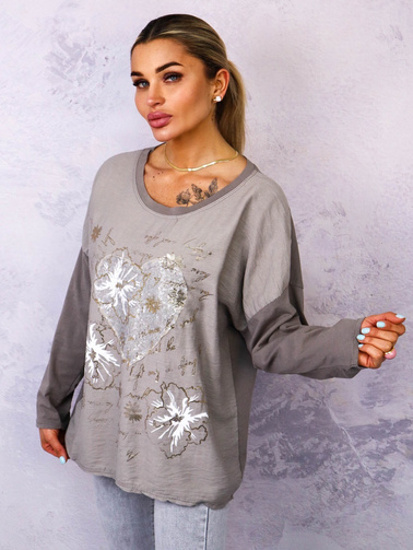 BLUZKA Z APLIKACJĄ I OZDOBNYMI CEKINAMI- BEŻOWA