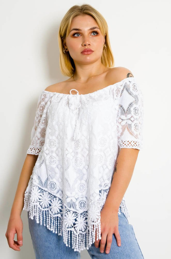 BIAŁA AŻUROWA BLUZKA Z FRĘDZLAMI NA DOLE