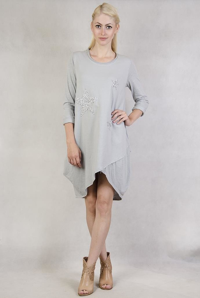 Asymetryczna tunika z gwiazdkami szara