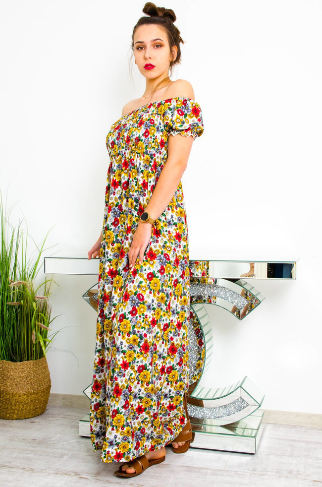 BIAŁA DŁUGA SUKIENKA HISZPANKA W KWIATY