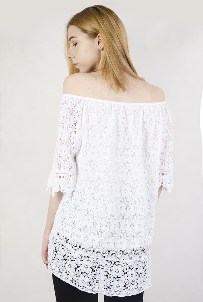 Biała bluzka ażurowa, z hiszpańskim dekoltem