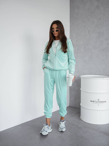 KOMPLET DRESOWY WELUROWY BLUZA ZAPINANA NA ZAMEK+ SPODNIE- MIĘTOWY