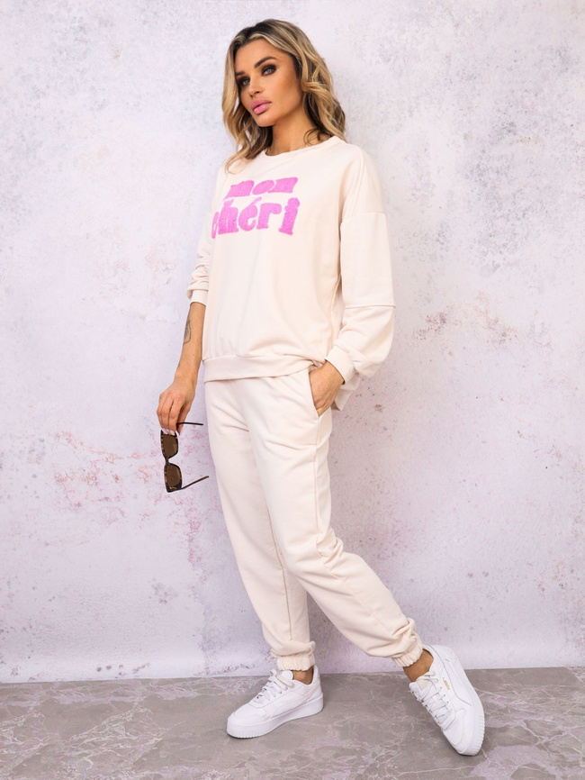 KOMPLET DRESOWY BLUZA Z NAPISEM+ SPODNIE- BEŻOWY