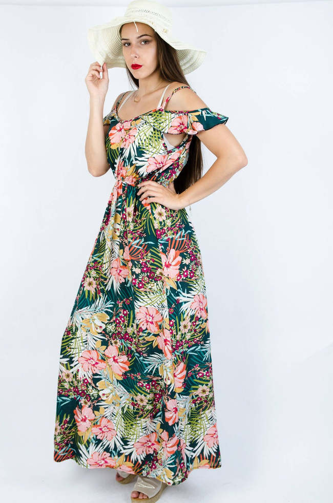 ZIELONA SUKIENKA MAXI Z MOTYWEM KWIATOWYM