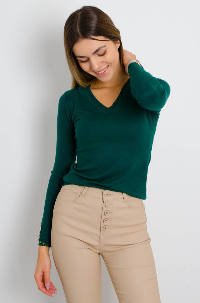 SWETER Z OZDOBNYMI GUZIKAMI Z DEKOLTEM W SEREK-ZIELONY