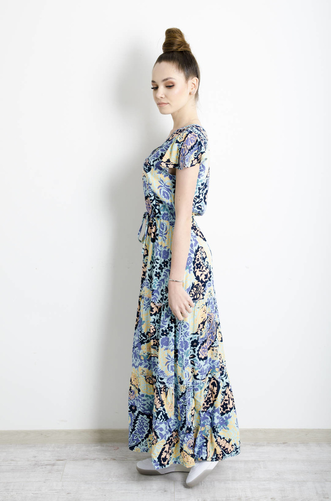 SUKIENKA MAXI WZORZYSTA WIĄZANA W PASIE- NIEBIESKA