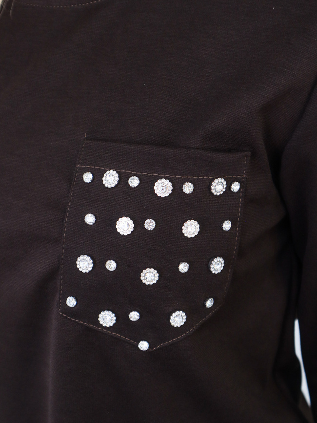 BAWEŁNIANA BLUZKA Z KIESZENIĄ W OZDOBNE KWIATY CYRKONIE- BRĄZOWA