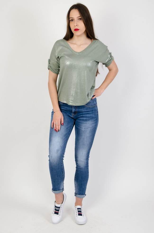 Zielona posrebrzana bluzka z wiązaniem z tyłu