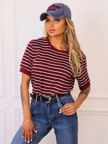 T-SHIRT OVERSIZE W PASKI- BORDOWY