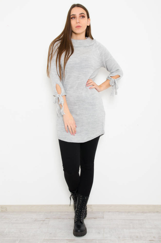 SZARY SWETER ZE WSTAŻKĄ NA RĘKAWIE 