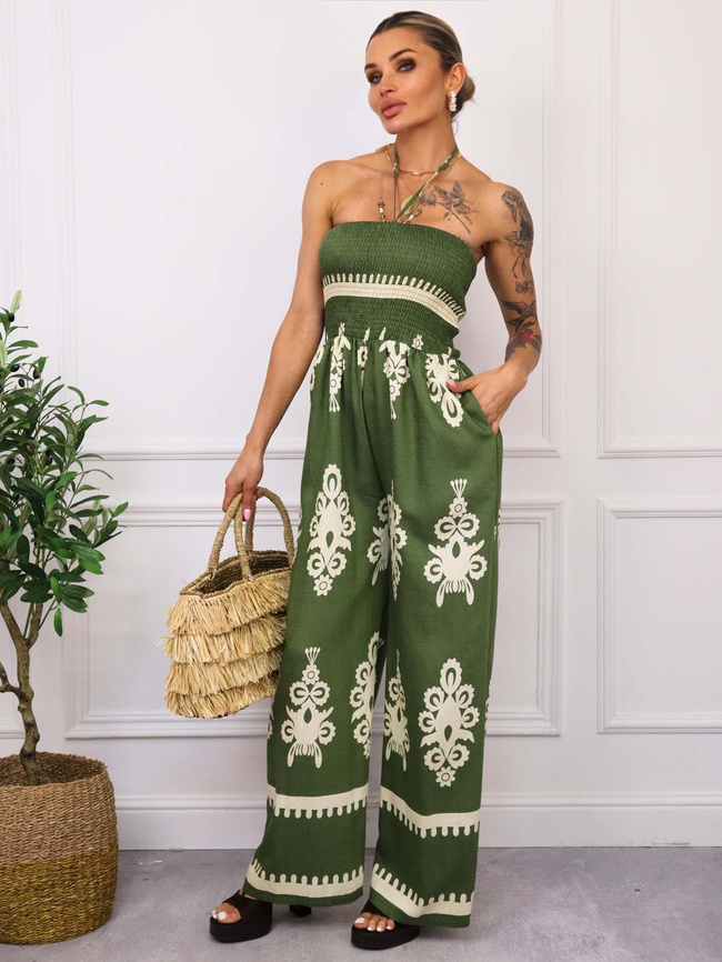 KOMBINEZON WZORZYSTY BEZ RAMIĄCZEK- ZIELONY