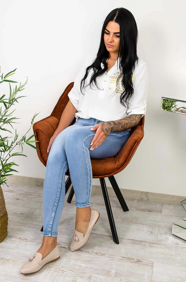 BIAŁA BLUZKA KOSZULOWA W SZPIC Z NAPISAMI