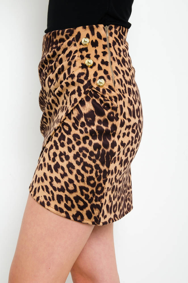 OŁÓWKOWA SPÓDNICA W PANTERKĘ Z OZDOBNYMI GUZIKAMI I ZAKŁADKĄ