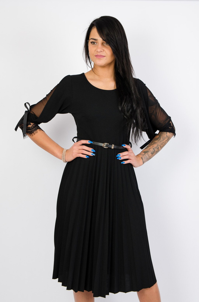 CZARNA SUKIENKA MIDI Z PLISOWANYM DOŁEM + PASEK 