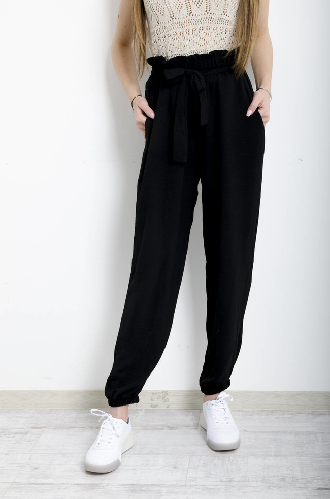 SPODNIE MATRIAŁOWE WIĄZANE W PASIE CZARNE