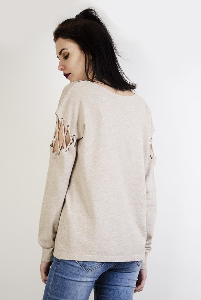 Beżowy sweterek z wiązaniami przy ramionach