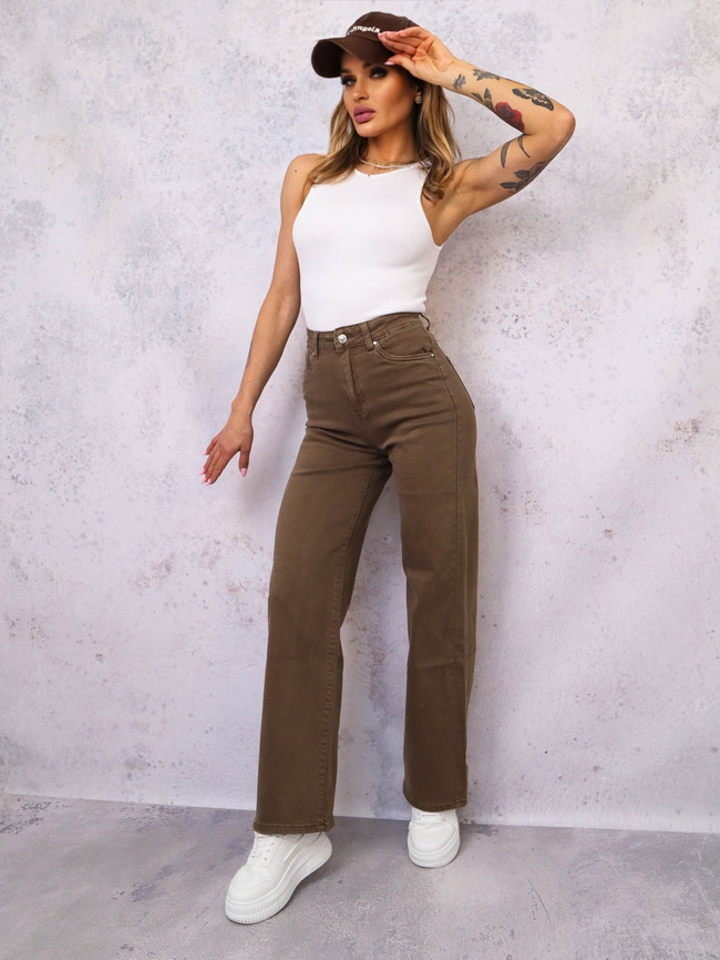 CIEMNOBRĄZOWE SPODNIE JEANSOWE Z SZEROKIMI NOGAWKAMI 