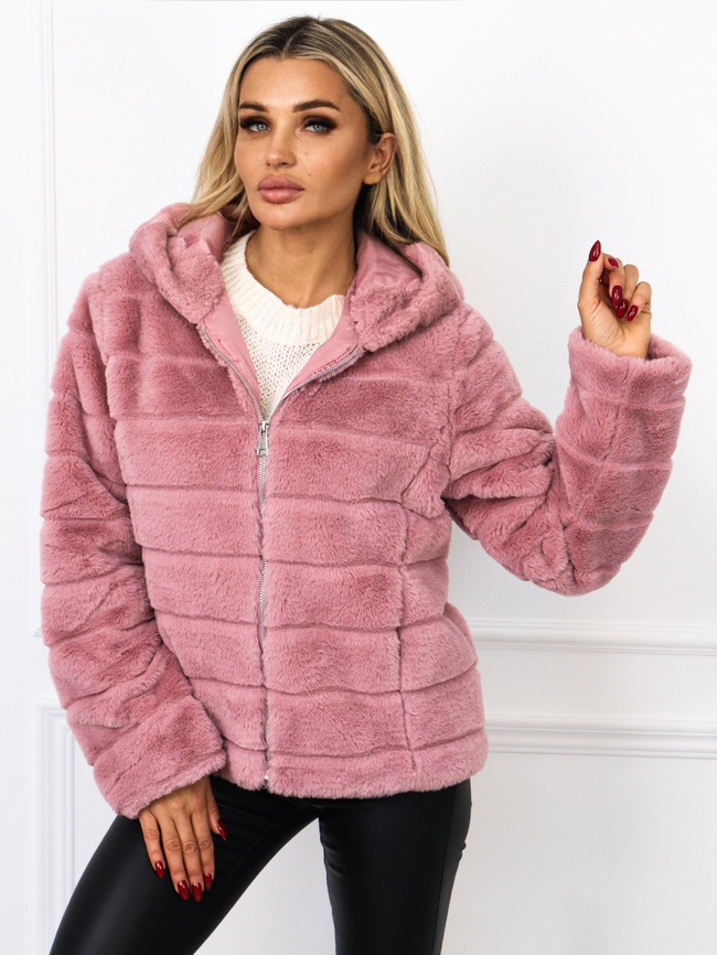 RÓŻOWA  FUTRZANA KURTKA Z KAPTUREM