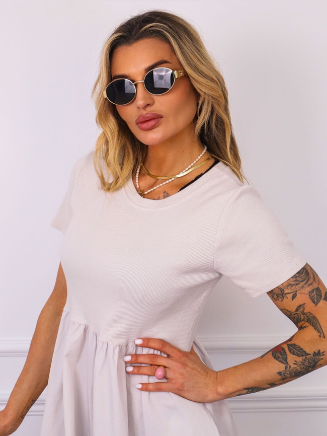 SUKIENKA Z PRĄŻKOWANĄ GÓRĄ- JASNOBEŻOWA