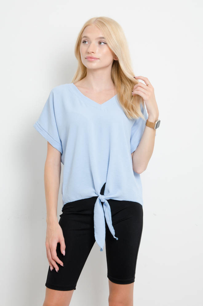 BLUZKA Z WIĄZANIEM DEKOLT V - NIEBIESKA
