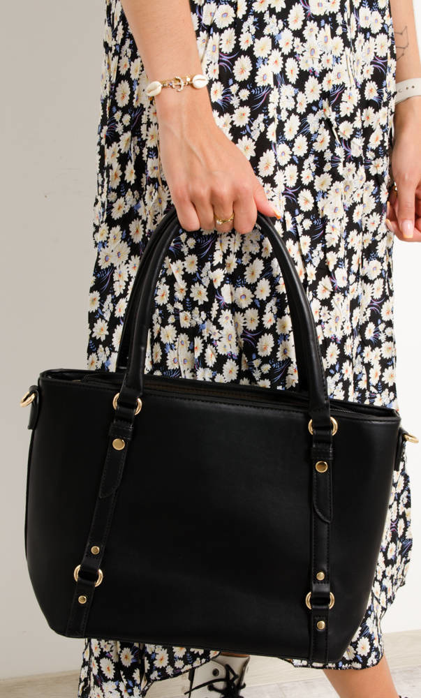TORBA TYPU SHOPPER Z IMITACJI SKÓRY- CZARNA