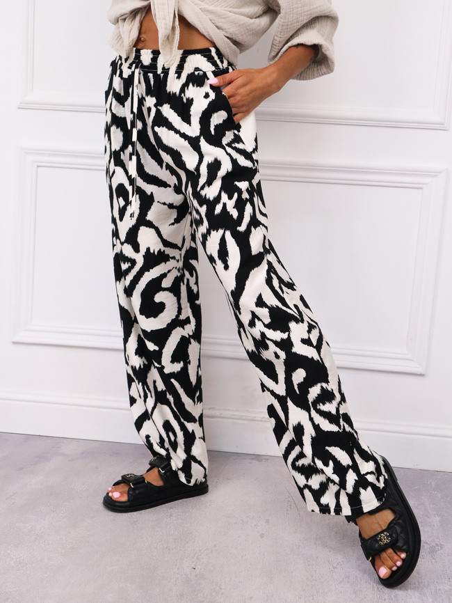 SPODNIE WZORZYSTE Z GUMĄ I WIĄZANIEM W PASIE- CZARNE