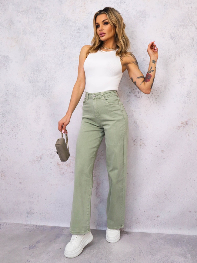 JASNO ZIELONE SPODNIE JEANSOWE Z SZEROKIMI NOGAWKAMI