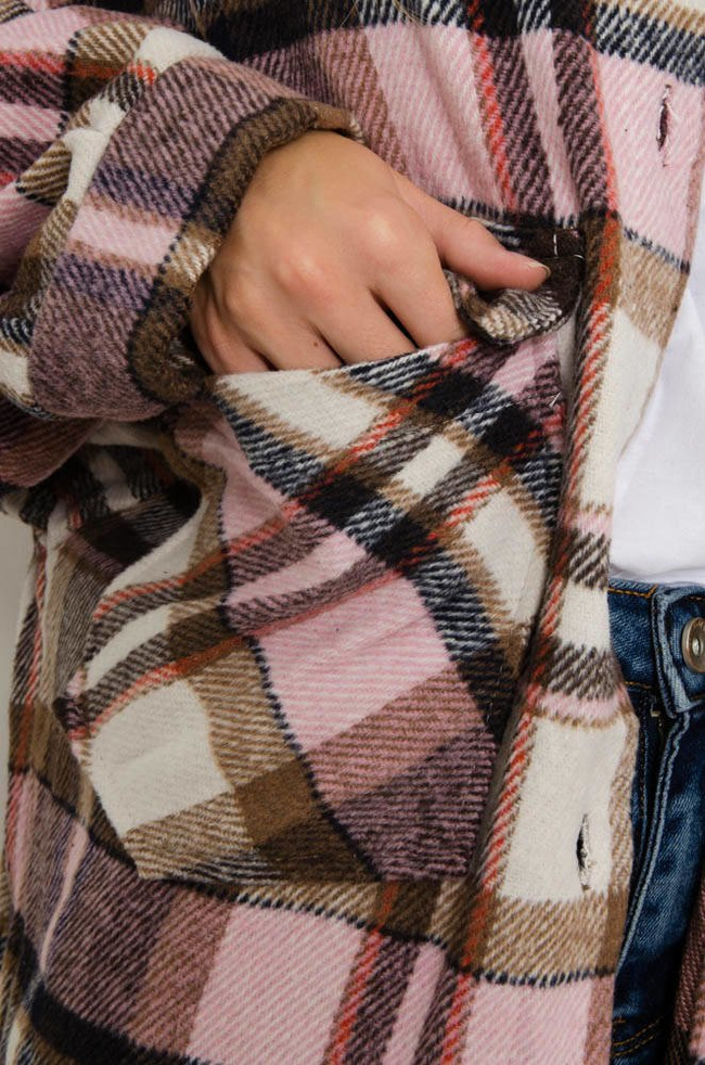 KURTKA KOSZULOWA W KRATĘ - RÓŻOWA