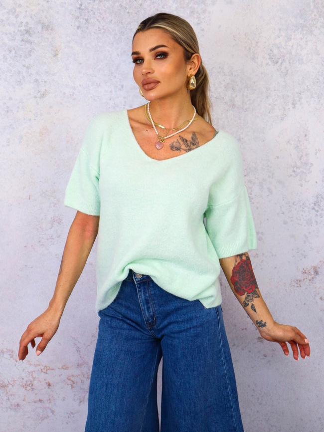 SWETER Z KRÓTKIM RĘKAWEM BABY ALPAKA- MIĘTOWY