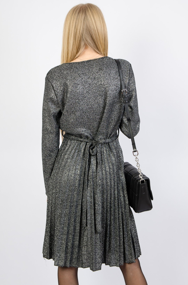 SZARA BROKATOWA SUKIENKA Z PLISOWANYM DOŁEM + PASEK 