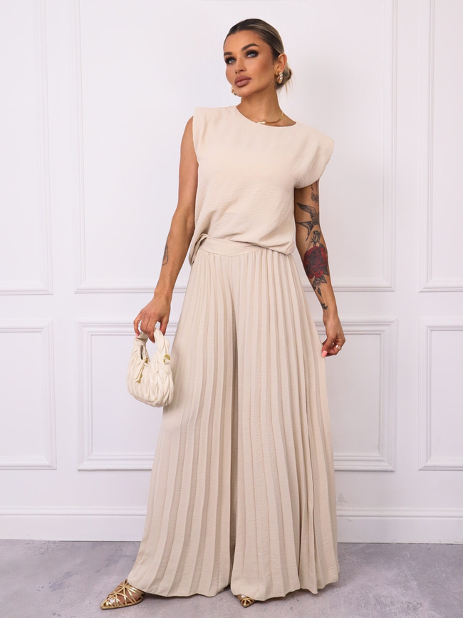 KOMPLET BLUZKA+ SZEROKIE PLISOWANE SPODNIE- BEŻOWY