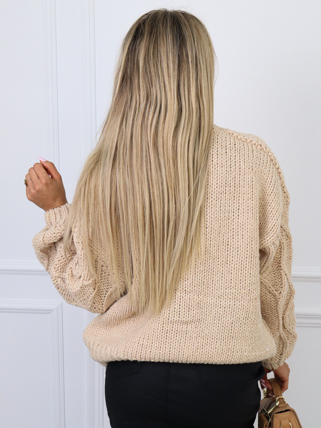 SWETER ROZPINANY Z OZDOBYMI NASZYWANYMI KWIATAMI-BRĄZOWY