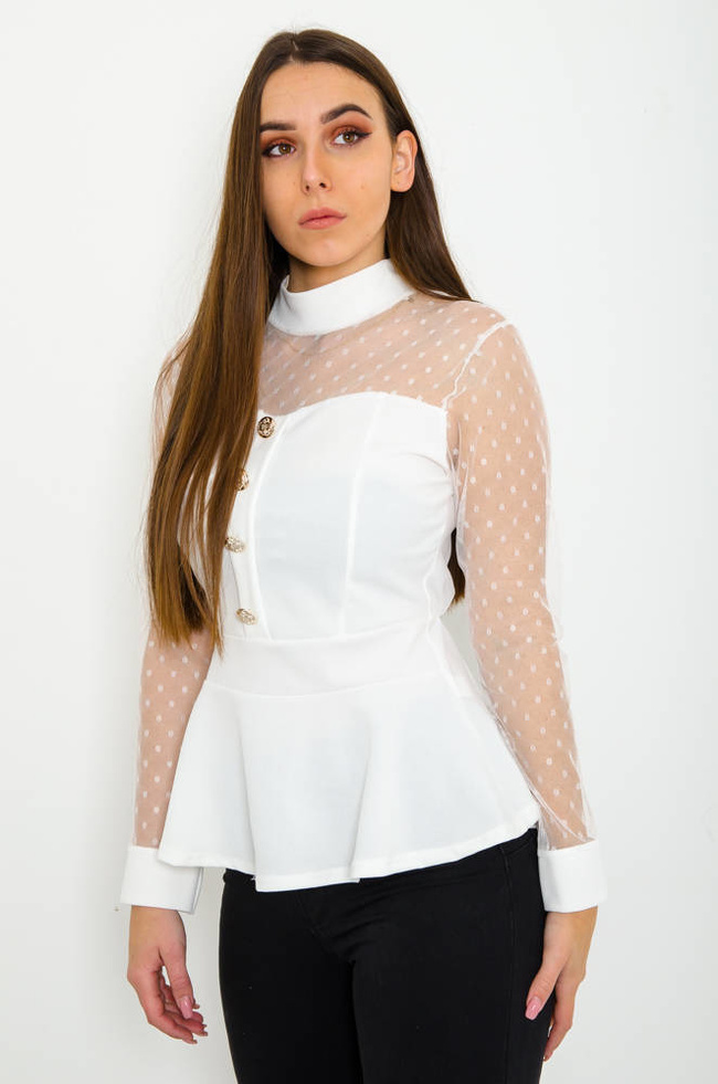 BIAŁA ELEGANCKA BLUZKA BASKINKA Z OZDOBNYMI GUZIKAMI