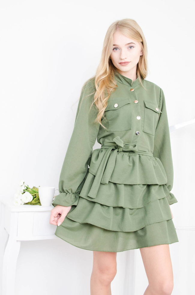 ZIELONA SUKIENKA KOSZULOWA Z FALBANAMI