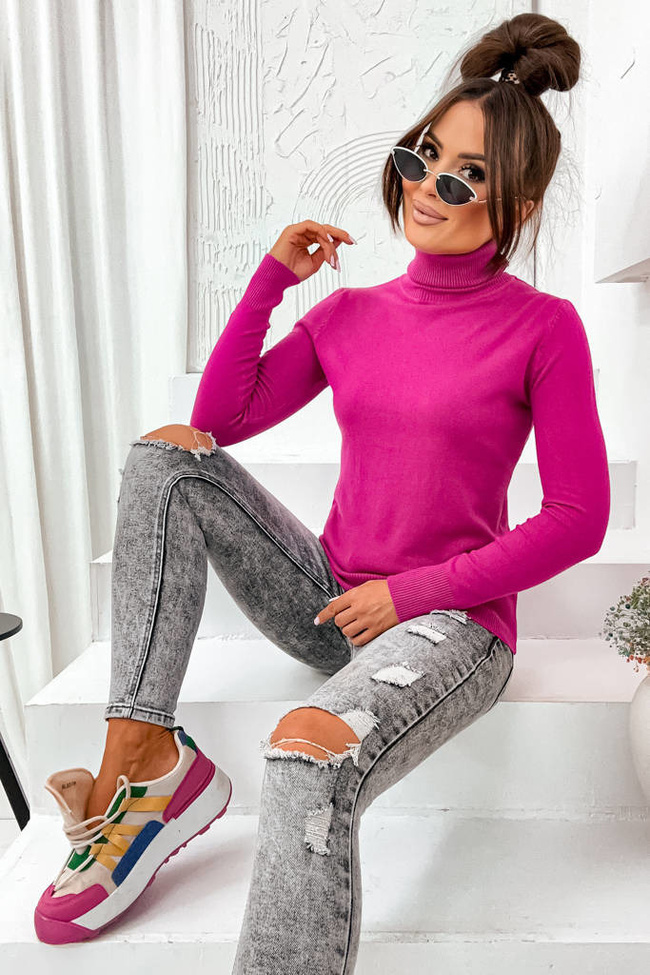 GŁADKI GOLF Z PRĄŻKOWANYM ZAKOŃCZENIEM - CIEMNY RÓŻ