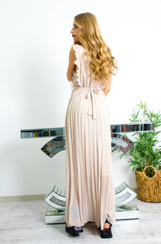 BEŻOWA DŁUGA SUKIENKA MAXI Z PLISOWANYM DOŁEM