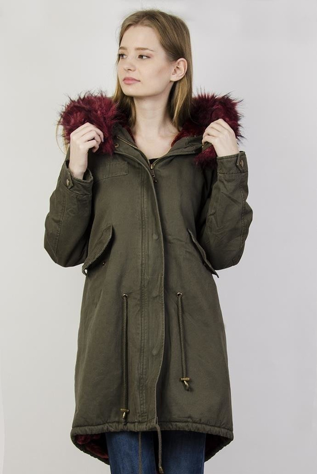 Kurtka khaki typu parka z bordowym futerkiem