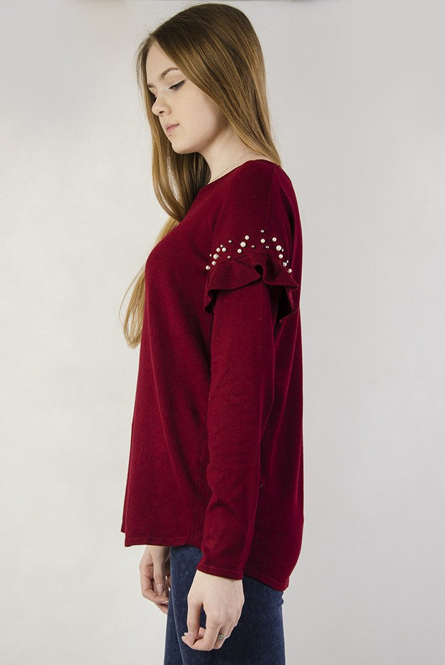 Bordowy sweterek z falbanką przy rękawie