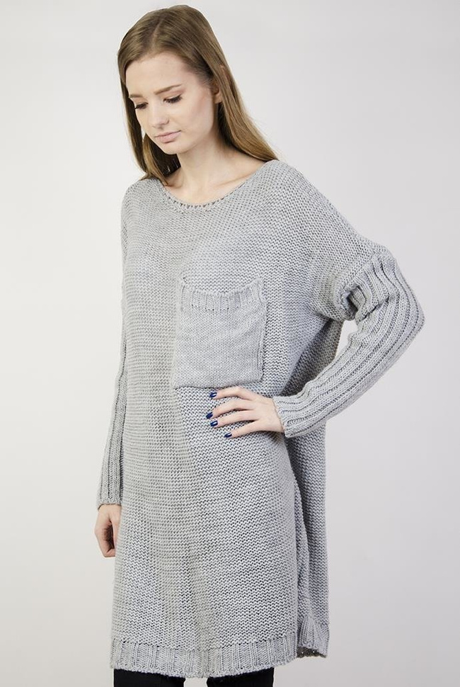 Długi szary sweter z kieszenią