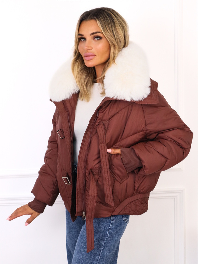 KURTKA Z FUTERKIEM NA KOŁNIERZU- CIEMNOBORDOWA
