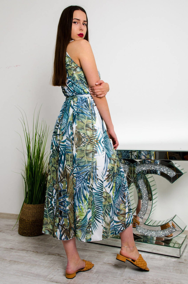 DŁUGA BIAŁO-ZIELONA SUKIENKA MAXI W KWIATOWY WZÓR