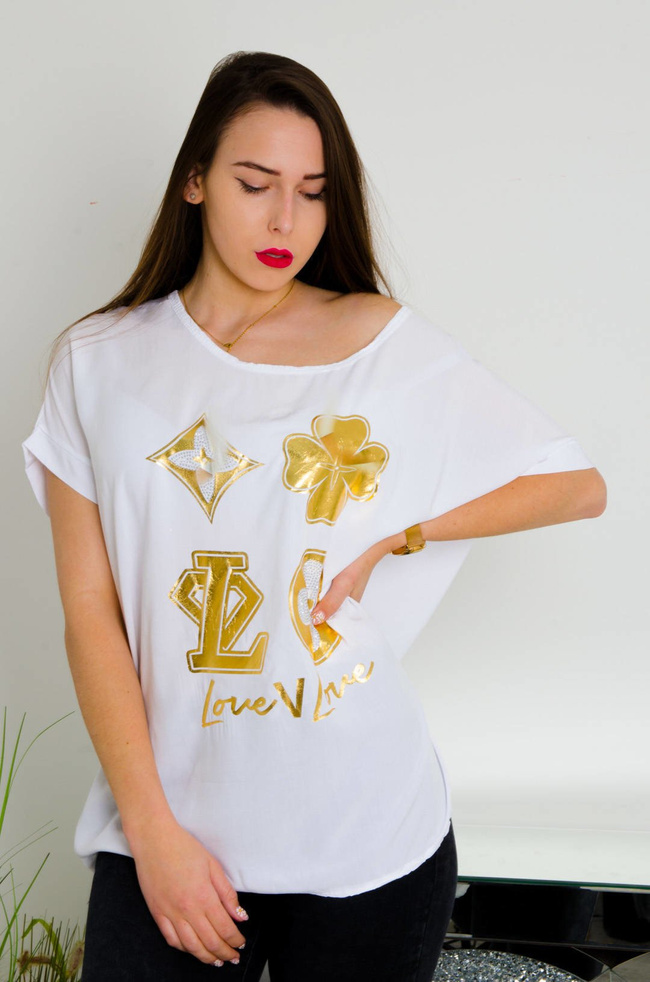 BIAŁA BLUZKA ZE ZŁOTĄ APLIKACJĄ I NAPISAMI