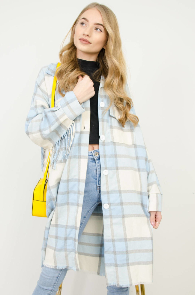 DŁUGA BAWEŁNIANA KOSZULA W KRATĘ Z FRĘDZLAMI BIAŁO-NIEBIESKA