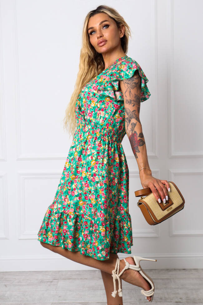 SUKIENKA MINI W KWIATY Z KOPERTOWYM DEKOLTEM- ZIELONA